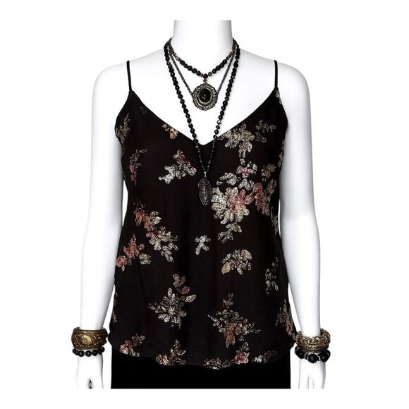 Banana Republic Whimsigoth Top M Black Sequin Floral Georgette Fairy Cami Tank - Picture 2 of 11